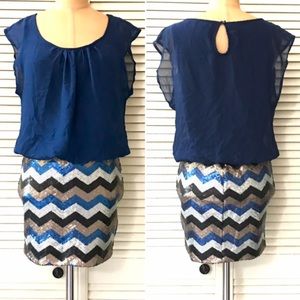 As U Wish Womens Dress Small Blue Sequin Chevron Blouson Mini Cocktail Party